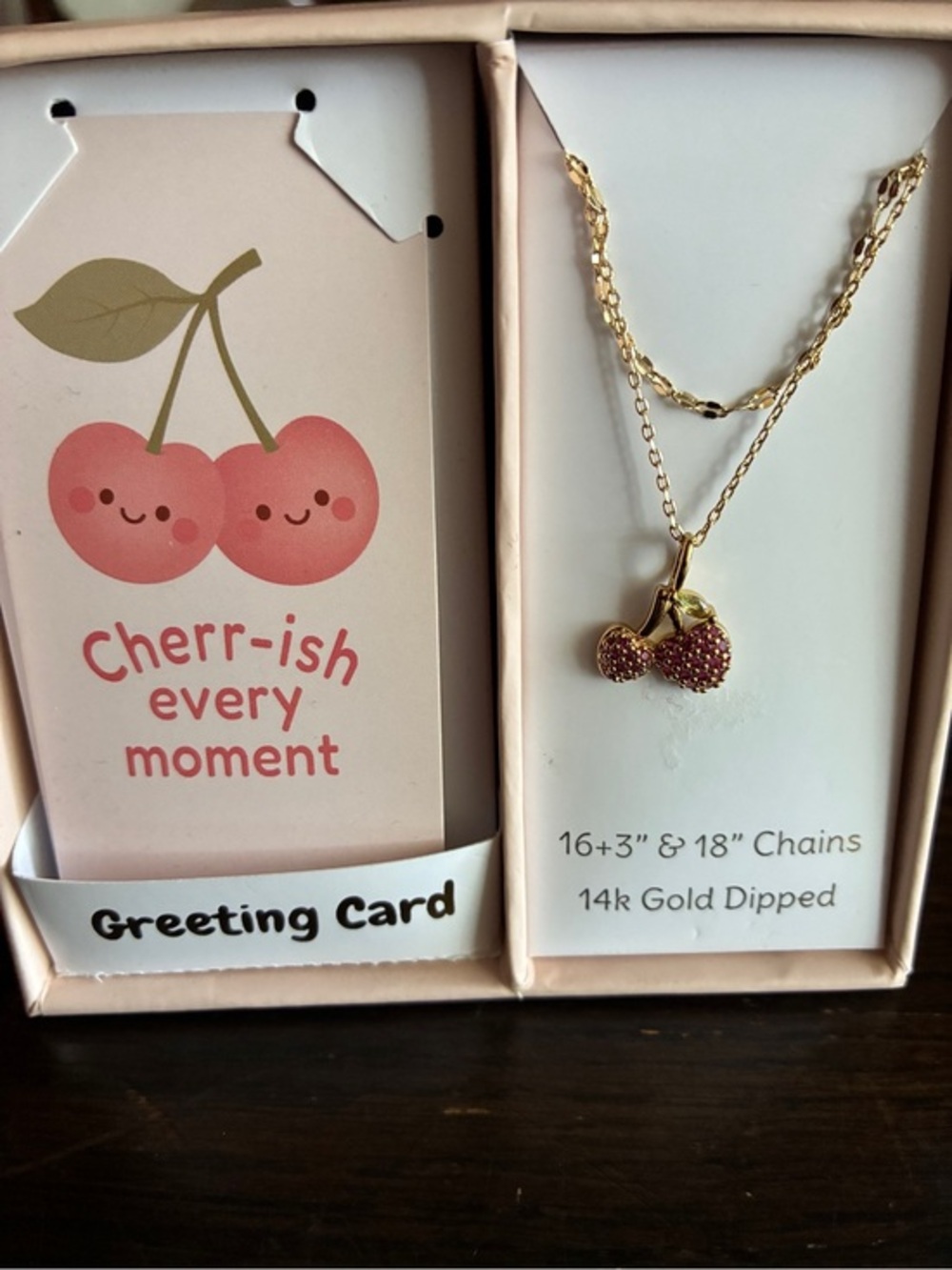 14k Gold-Dipped Pink Cherry Pendant Necklace - Double Chain 16”